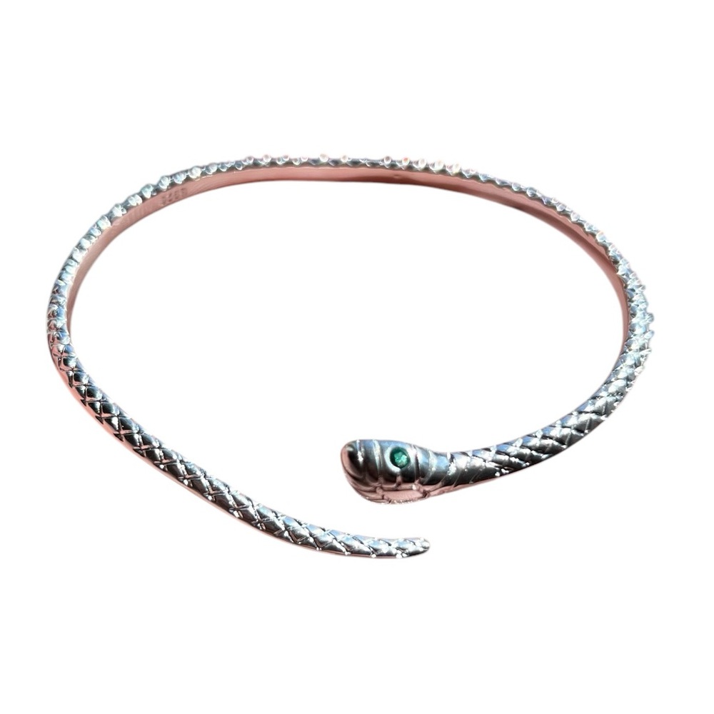 Silver 925 snake bangle bracelet with green stone eyes
